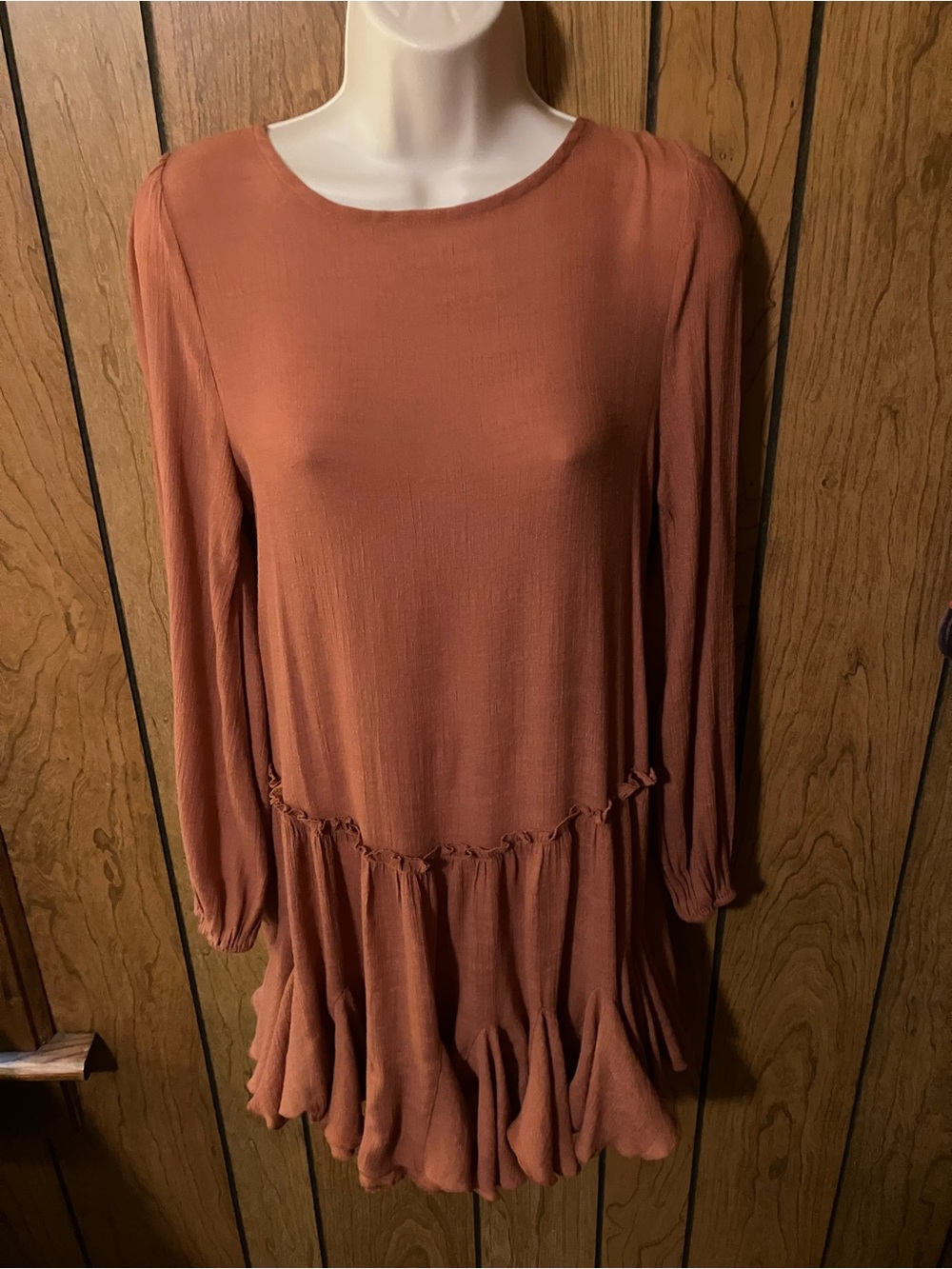 Women's drop waist Rust Orange Long-Sleeve Ruffle Hem Dress